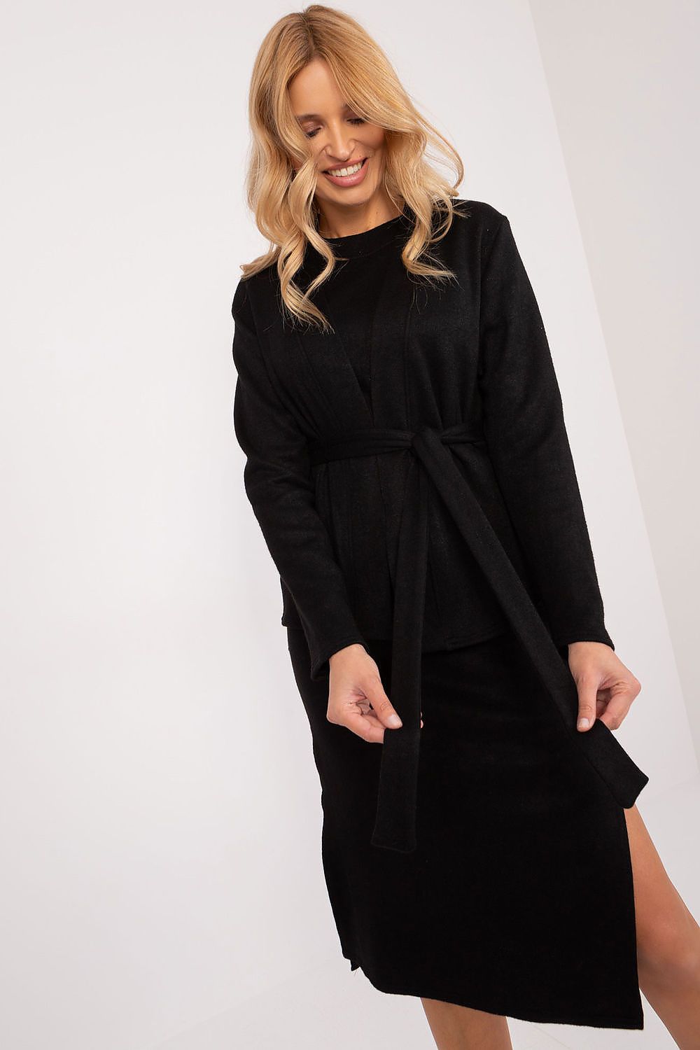 Elegant Lakerta Angora Cardigan and Sleeveless Knee-Length Dress set showcasing luxurious fabric and stylish design, perfect for fashionable comfort.