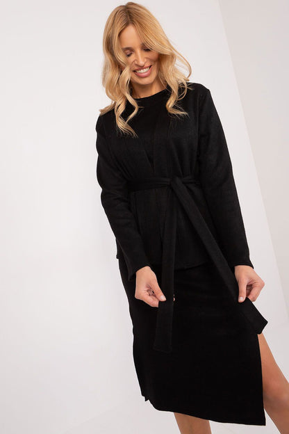 Elegant Lakerta Angora Cardigan and Sleeveless Knee-Length Dress set showcasing luxurious fabric and stylish design, perfect for fashionable comfort.