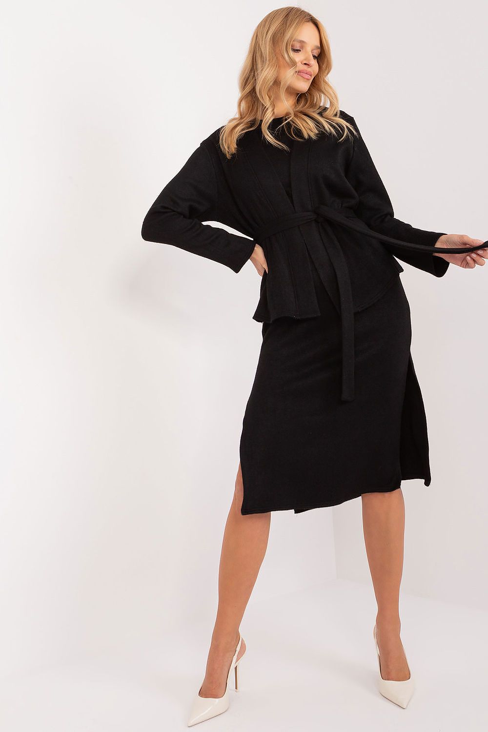 Elegant Lakerta Angora cardigan in soft grey, featuring a stylish tie belt accentuating the waist, perfect for luxurious comfort.