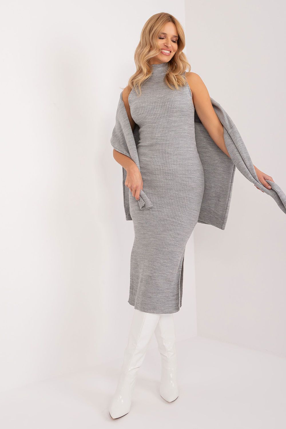 Luxurious 2-Piece Casual Sweater and Turtleneck Dress Set by Badu, showcasing a stylish heart neckline sweater and a ribbed turtleneck dress for elegant everyday wear.