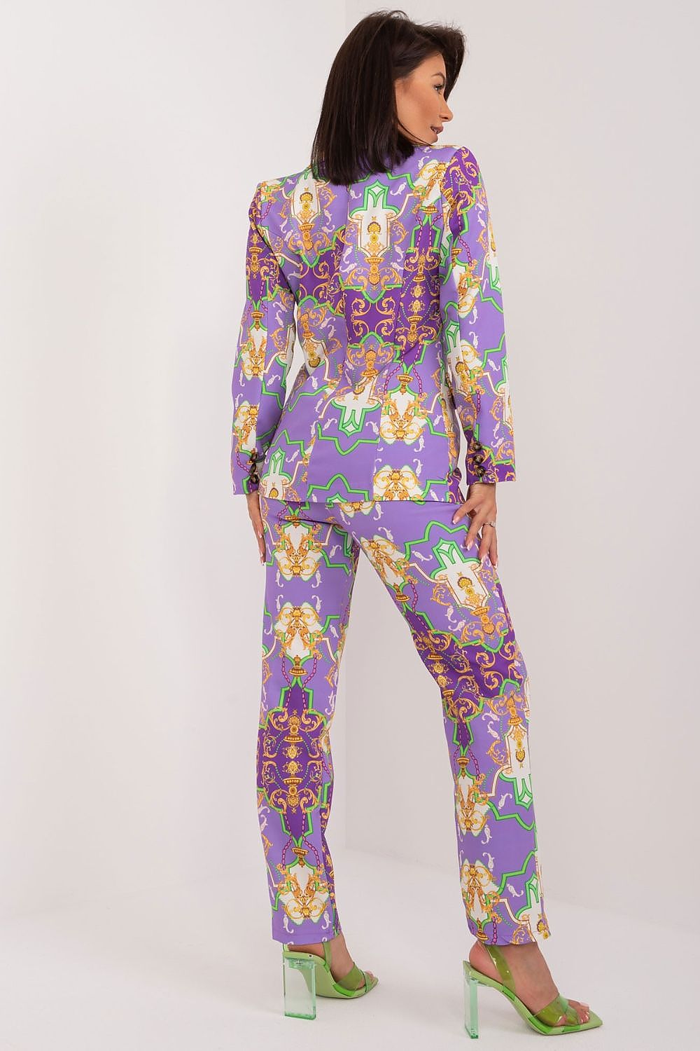 Italy Moda women's elegant suit set image, showcasing a sophisticated long-sleeve jacket and high waist pants with intricate print, ideal for business meetings and chic outings.