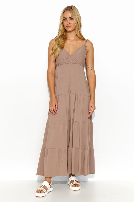 Elegant Makadamia long summer dress showcasing intricate ruffles, featuring a flattering overlapping heart neckline for a sophisticated feminine look.