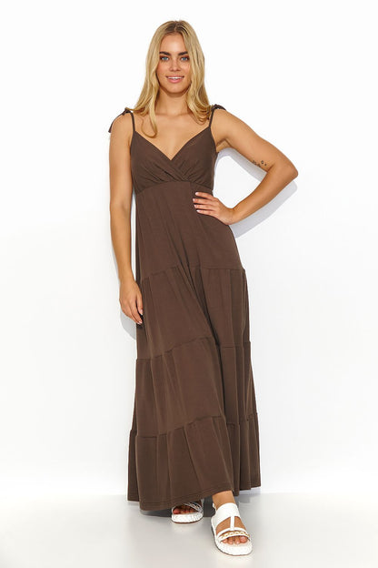 Elegant Makadamia long summer dress featuring delicate ruffles and a sophisticated overlapping heart neckline.