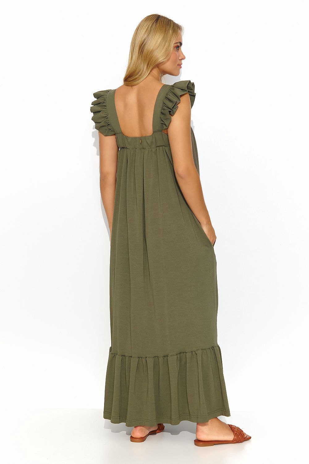 Luxurious Makadamia Summer Maxi Dress featuring elegant ruffled shoulders, perfect for chic summer outings.