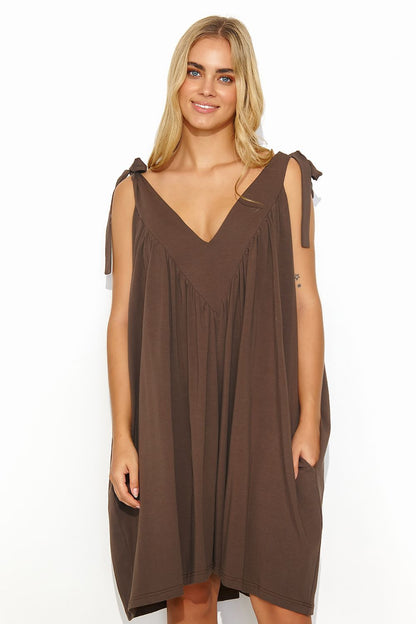 Elegant lightweight summer maxi dress by Makadamia with tied straps and deep V-neck, showcasing feminine charm and comfort.