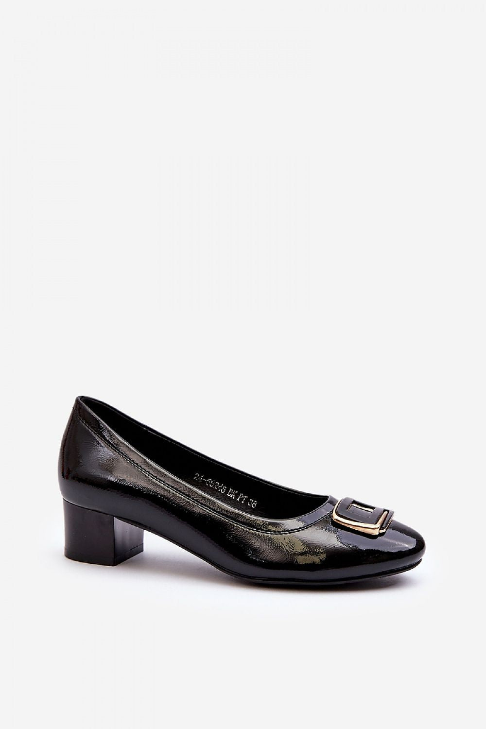 Chic black eco leather pumps with almond toe design and stylish buckle embellishment by Step in Style, showcased in a minimalist setting.