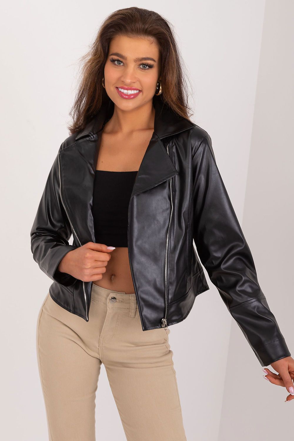 Lakerta Eco-Leather Jacket featuring elegant lapels and slip pockets, designed for stylish casual wear in transitional weather, embodying luxury and sustainability.