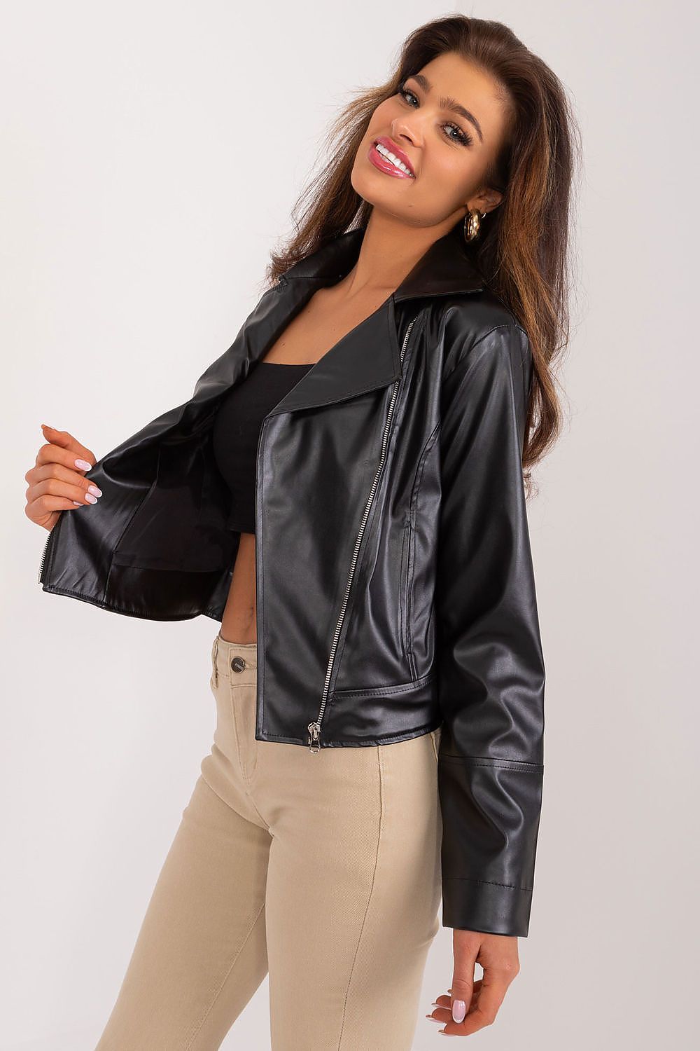 Luxurious eco-leather jacket by Lakerta featuring elegant lapels and practical slip pockets, ideal for stylish casual wear.