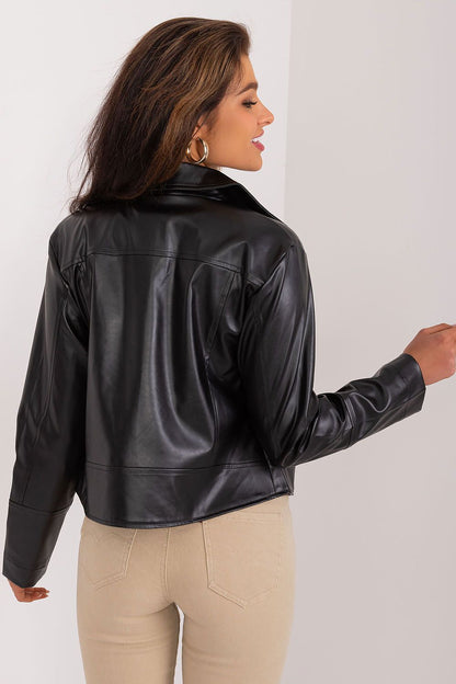 Close-up of Lakerta's eco-leather jacket showcasing high-quality polyester fabric, perfect for transitional weather and environmental consciousness.