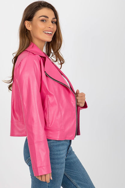 Detailed view of Lakerta’s eco-leather jacket highlighting its chic lapels and stylish silhouette, suitable for social responsibility in fashion.