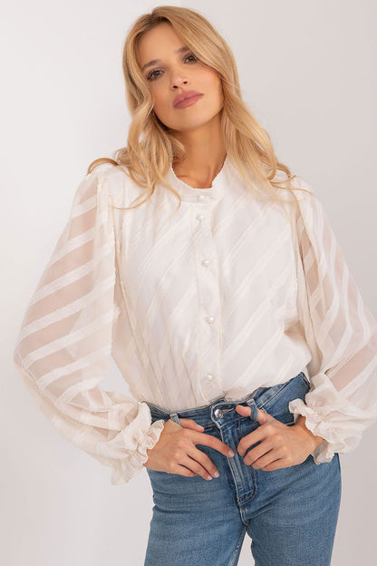Elegant long sleeve ladies button-down shirt with a stand-up collar by Lakerta, showcasing luxurious fabric texture and refined design, perfect for professional settings.