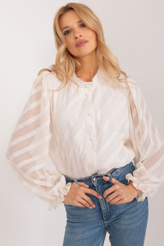 Elegant long sleeve ladies button-down shirt with a stand-up collar by Lakerta, showcasing luxurious fabric texture and refined design, perfect for professional settings.