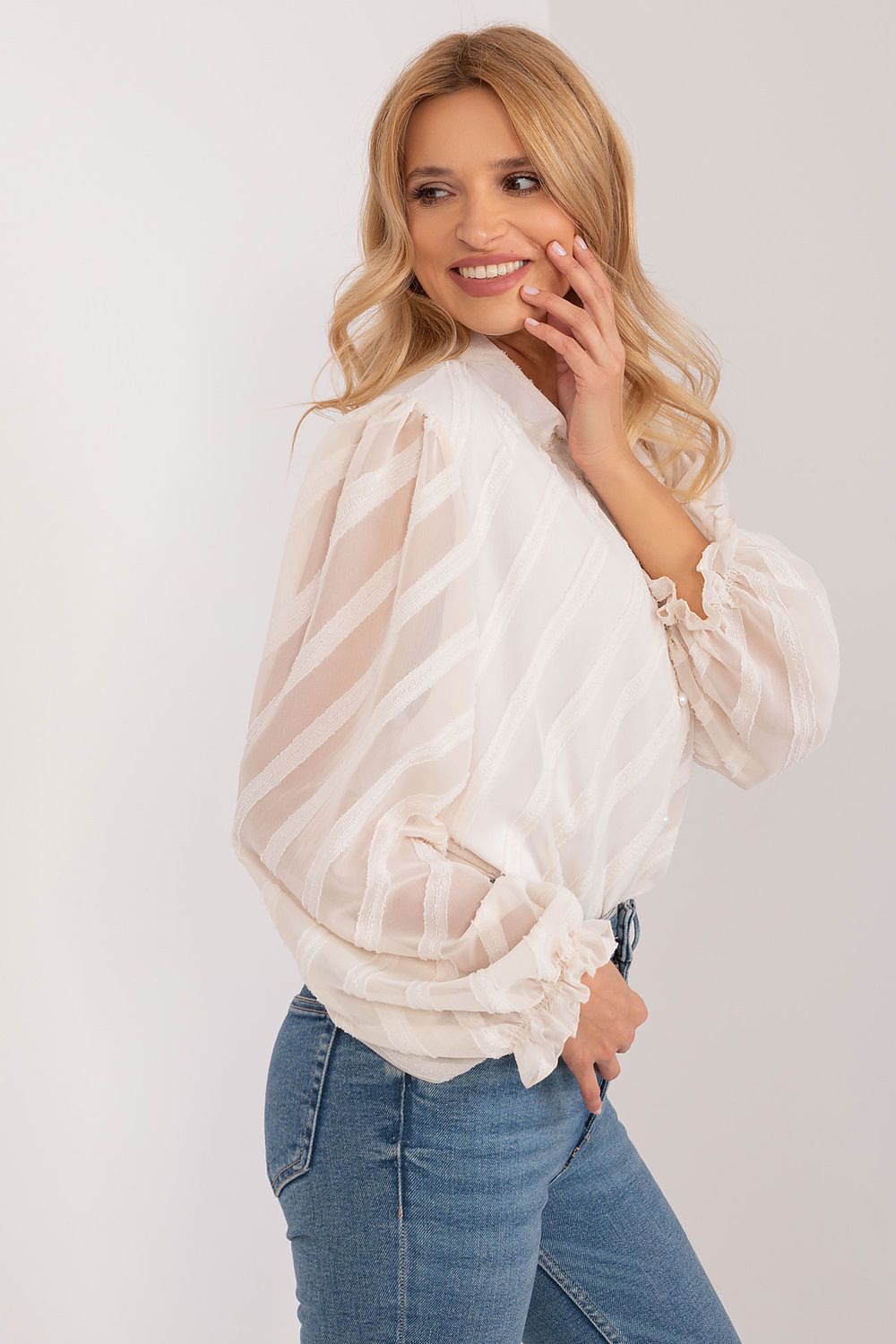 Elegant long sleeve women's button-down shirt with stand-up collar by Lakerta, showcasing its sophisticated fabric texture and delicate transparent sleeves.