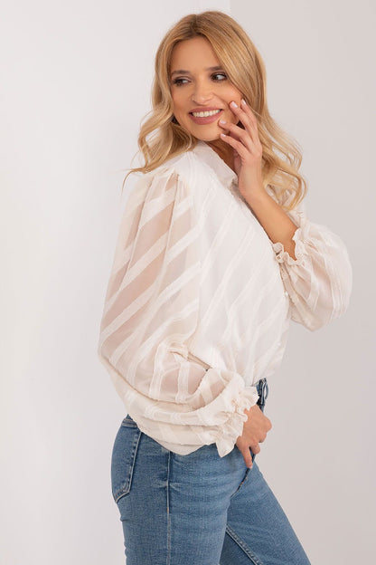 Elegant long sleeve women's button-down shirt with stand-up collar by Lakerta, showcasing its sophisticated fabric texture and delicate transparent sleeves.