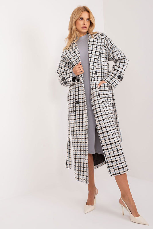 Lakerta Transitional Check Pattern Coat featuring an elegant mid-calf length, crafted from a durable cotton-nylon blend with a stylish check design.