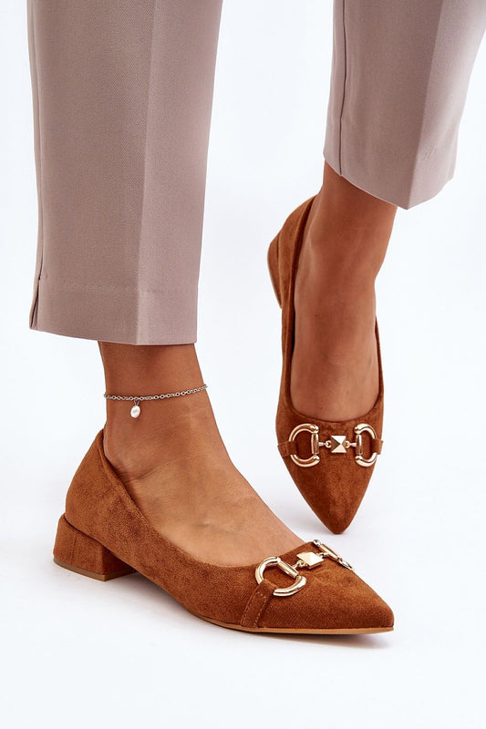 Elegant brown eco-suede ballerina flats featuring a chic pointed toe and gold embellishments, perfectly paired with tailored beige trousers by Step in style.