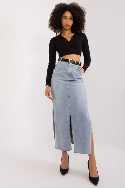 Elegant long denim skirt by Factory Price featuring a chic belt and practical pockets, crafted from 95% cotton for a luxurious casual look.