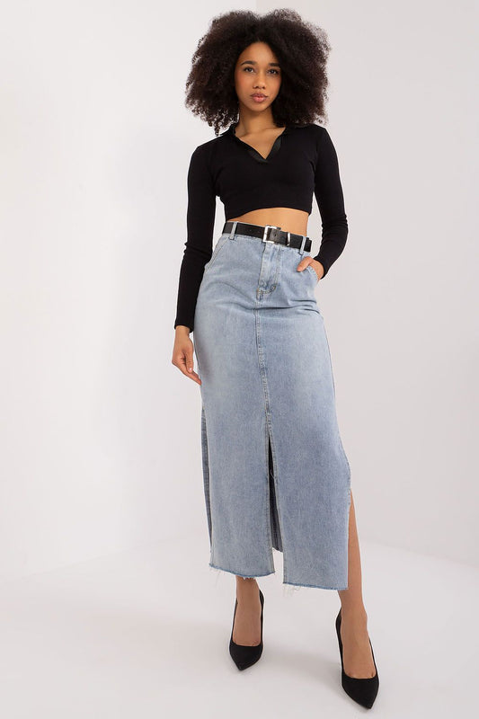 Elegant long denim skirt by Factory Price featuring a chic belt and practical pockets, crafted from 95% cotton for a luxurious casual look.