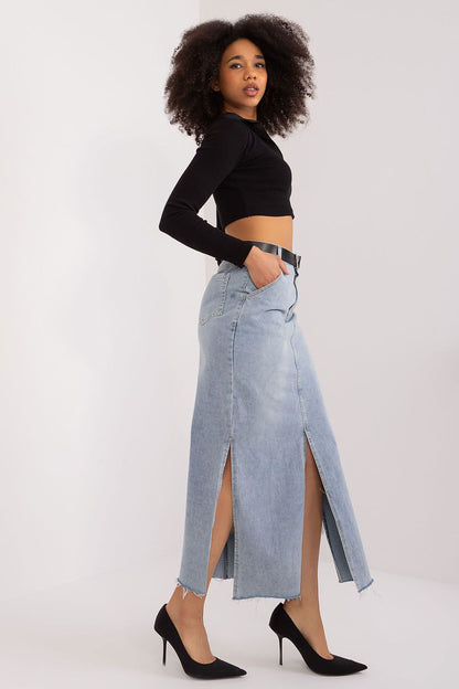 Stylish denim skirt from Factory Price showcasing a sophisticated maxi length, complemented by a trendy waist belt and slip pockets for functionality.