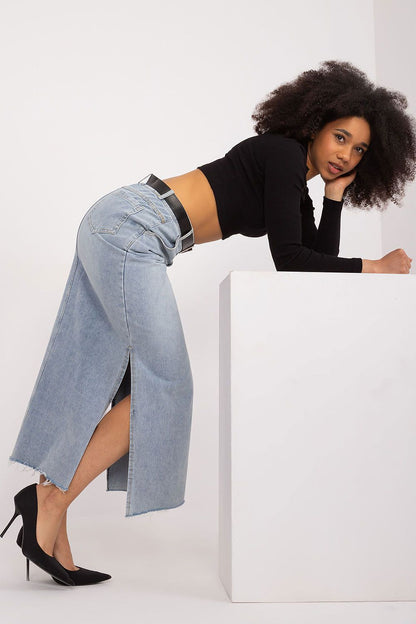 Luxurious long denim skirt from Factory Price, featuring a button and zipper closure, and tasteful belt detailing, ideal for elevating everyday attire.