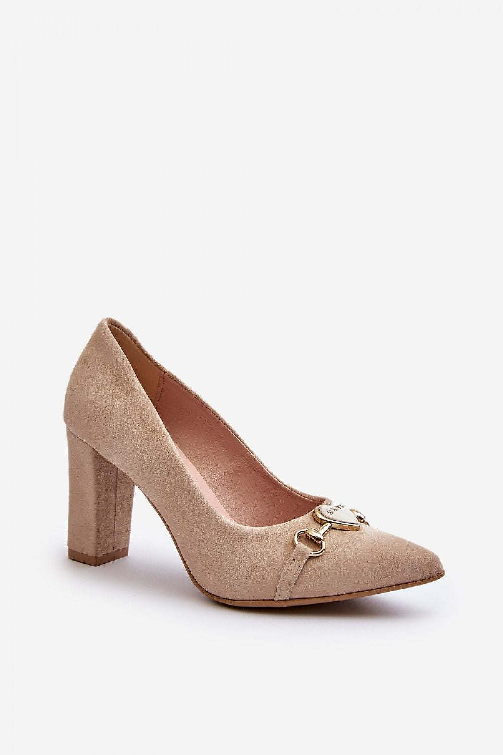 Chic natural leather block heel pumps showcasing a romantic heart-shaped decoration, designed by Step in Style.