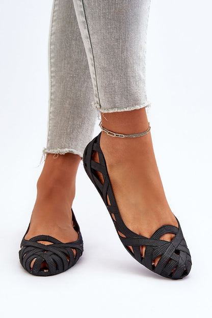 Close-up view of Step in Style luxury rubber ballerina flats, showcasing the intricate decorative stripes and flat heel, ideal for stylish comfort.