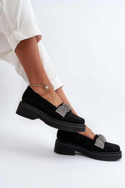 Close-up of Step in Style elegant women's moccasins, featuring intricate zircon details and high-quality natural leather, ideal for chic fashion lovers.
