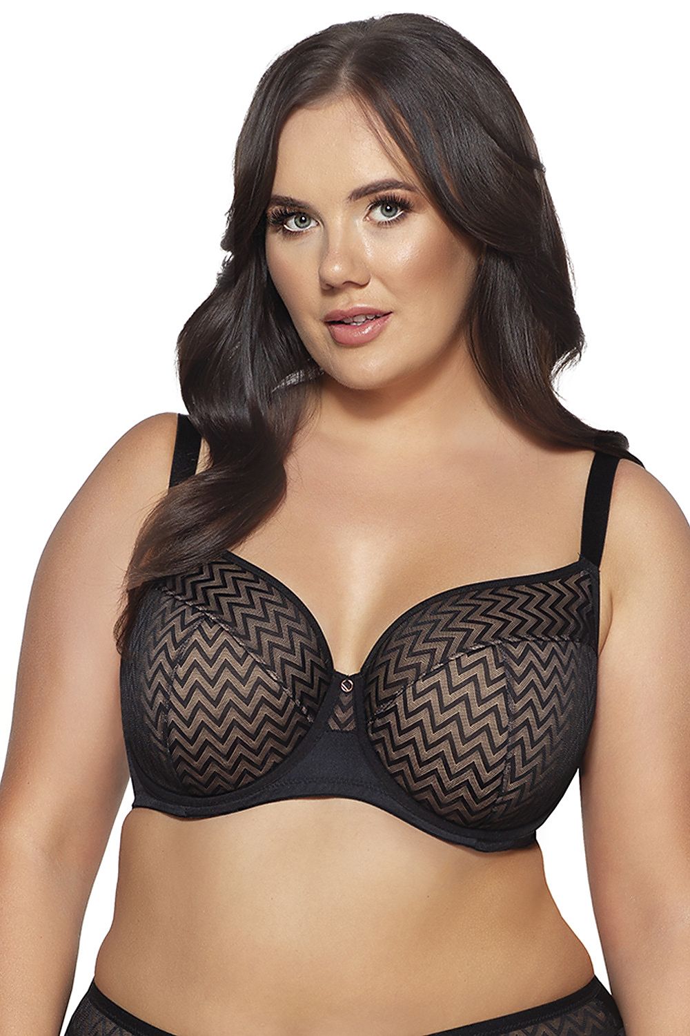 Luxurious Ava Innesa 2102 semi-padded bra in elegant beige and black zig-zag lace design, offering perfect support and sophistication.