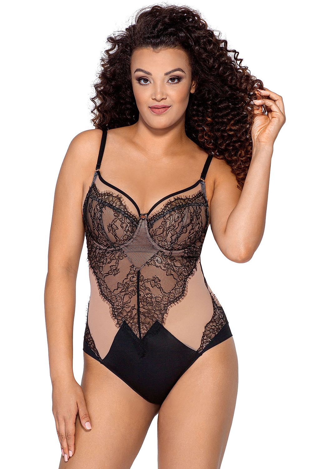Luxury Ava shapewear bodysuit crafted from elegant openwork lace and stretch mesh, featuring soft underwired cups and adjustable straps for a perfect fit.