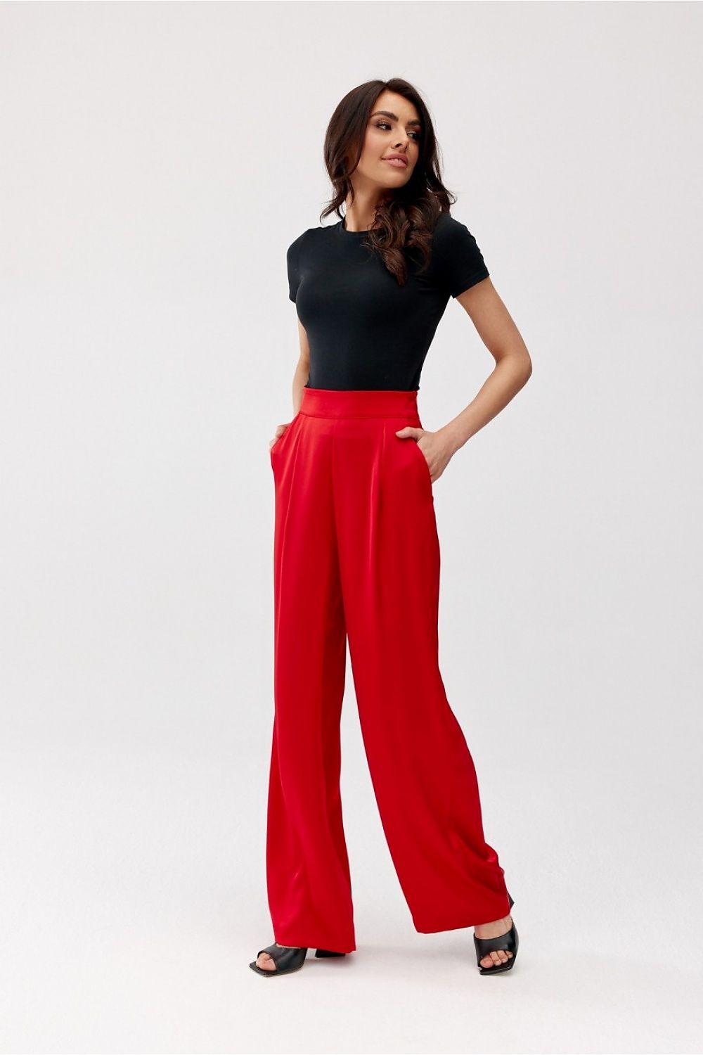 Roco Fashion Elsa Satin Wide-Leg Trousers elegantly styled with a high waist and pockets for sophisticated occasions.