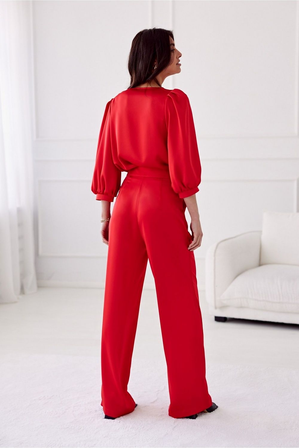 Close-up view of Roco Fashion Elsa Satin Wide-Leg Trousers showing the luxurious satin fabric and high-waisted design.