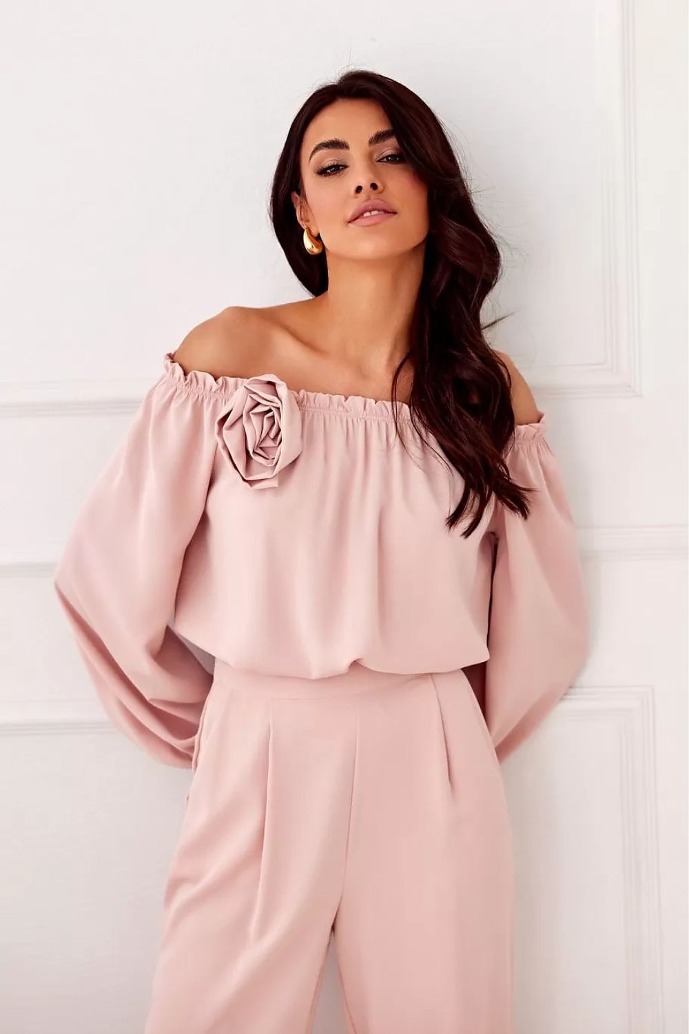 Elegant Rosie Satin Blouse by Roco Fashion showcasing Spanish-style neckline and decorative rose detail, perfect for formal occasions.