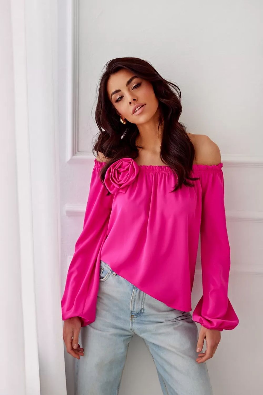 Elegant Rosie Satin Blouse by Roco Fashion featuring a stylish Spanish-style neckline and intricate decorative rose detail, perfect for elegant outings and formal events.