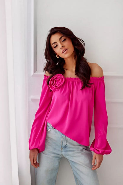 Elegant Rosie Satin Blouse by Roco Fashion featuring a stylish Spanish-style neckline and intricate decorative rose detail, perfect for elegant outings and formal events.