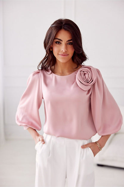 Elegant Giana Satin Blouse with rose detail and 3/4 sleeves, designed by Roco Fashion, perfect for sophisticated occasions.
