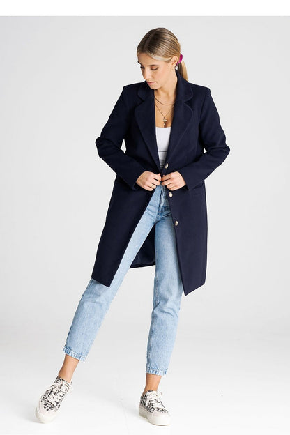 Stylish Figl women's long coat featuring slip pockets and a buttoned front, ideal for adding a touch of elegance to any outfit.