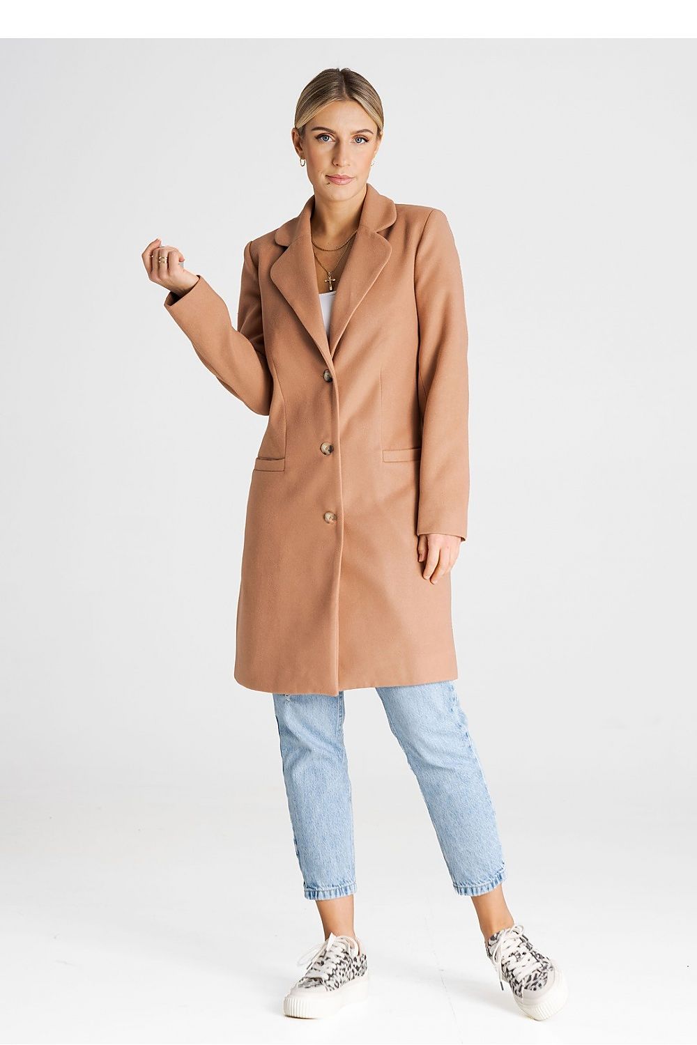 Elegant Figl Women's Classic Long Coat featuring a padded collar, showcasing luxurious design suitable for formal occasions.