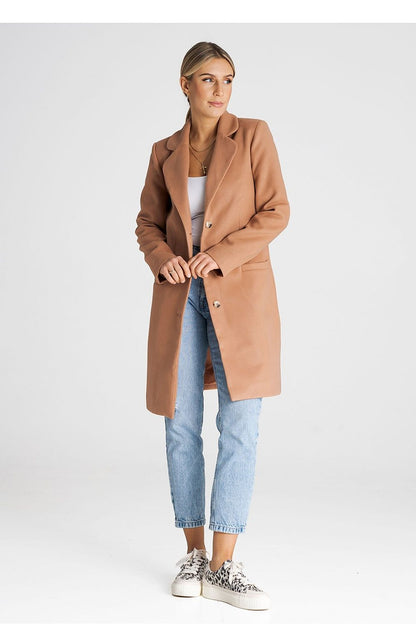 Stylish Figl Women's Long Coat displayed on a hanger, illustrating its elegant silhouette and versatile styling options.