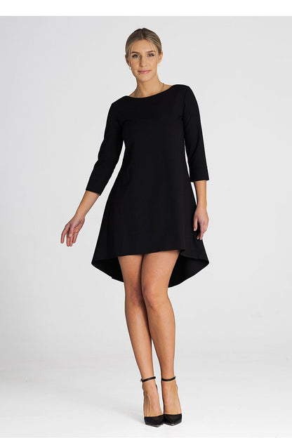 Stylish Figl elegant cocktail dress with a unique asymmetrical design, adorned with 3/4 sleeves and a pleated back, ideal for special occasions.