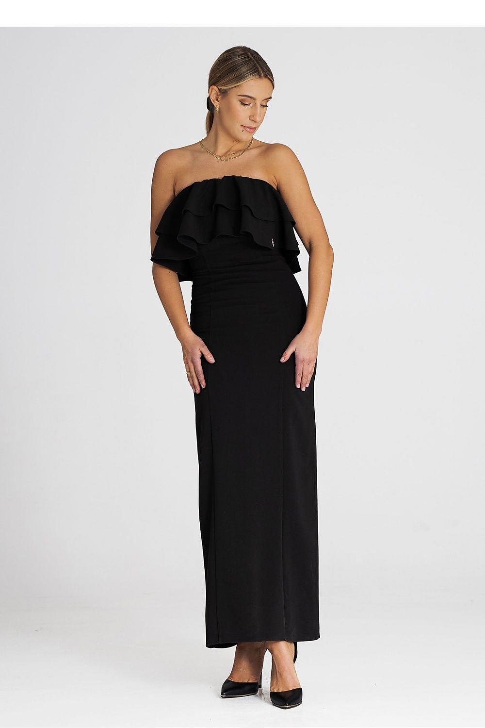 Elegant Figl maxi dress showcasing a double ruffle neckline, tailored for special occasions.