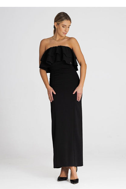 Elegant Figl maxi dress showcasing a double ruffle neckline, tailored for special occasions.