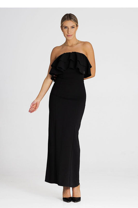 Detail view of the luxurious Figl maxi dress with exquisite double ruffle neckline, perfect for formal events.