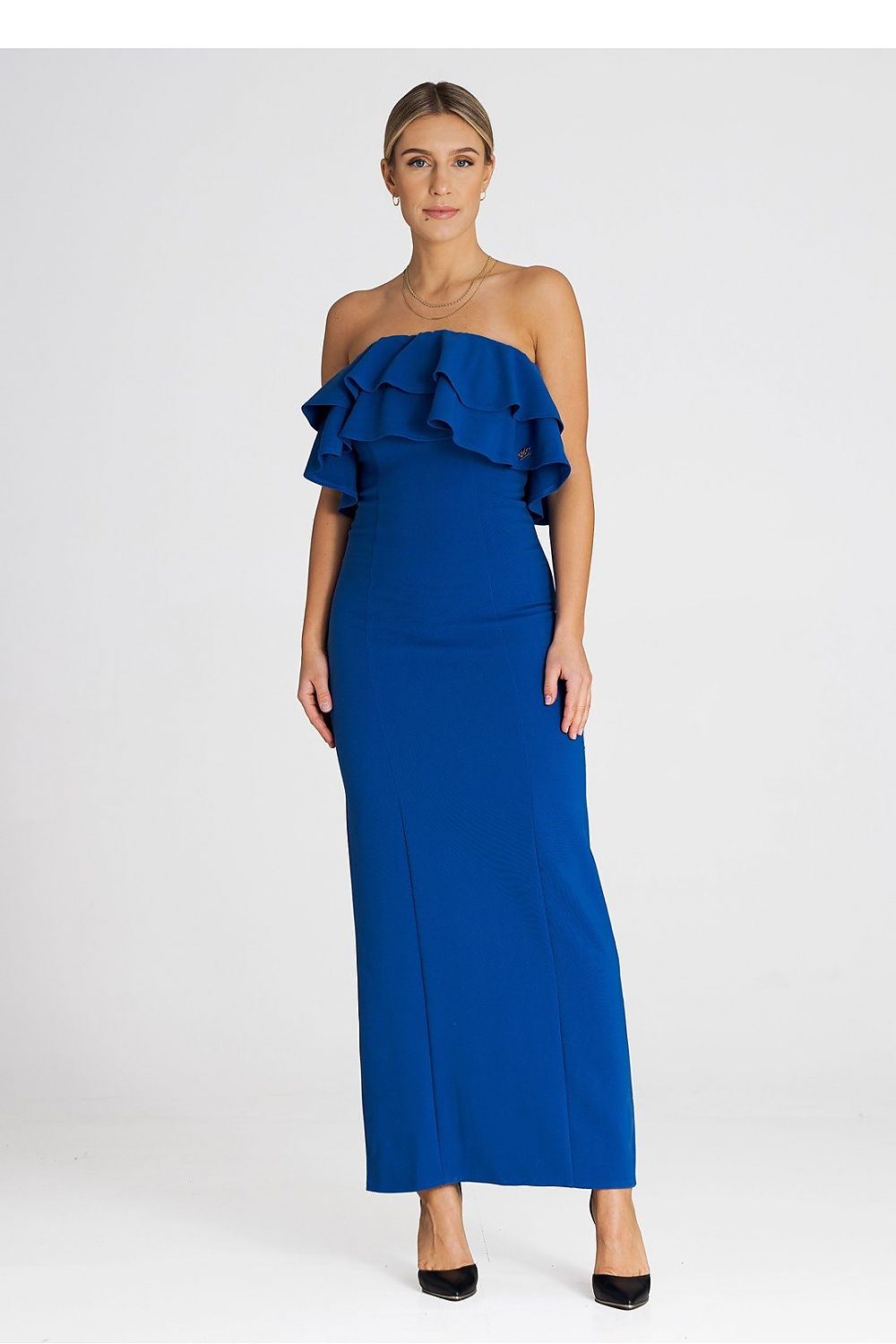 Elegant Figl maxi dress featuring a double ruffle neckline, perfect for special occasions, exuding luxury and style.