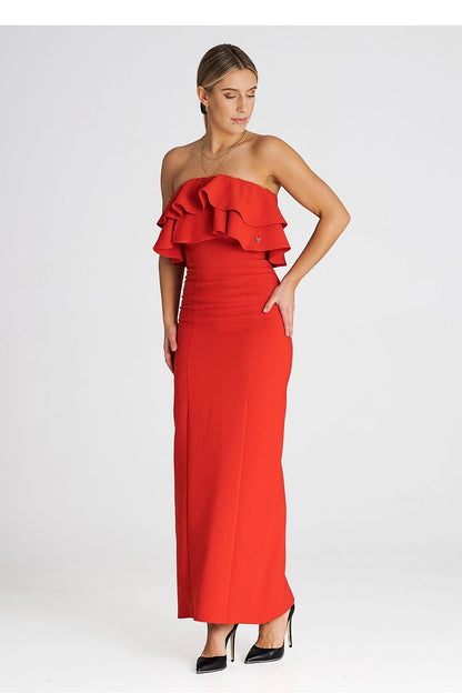 Figl luxurious maxi dress displayed on a mannequin, highlighting its double ruffle neckline, perfect for bridesmaids or evening events.