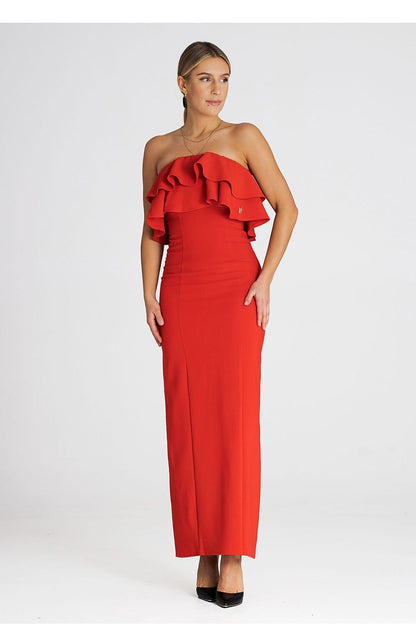 Elegant Figl maxi dress featuring a luxurious double ruffle neckline, ideal for special occasions.