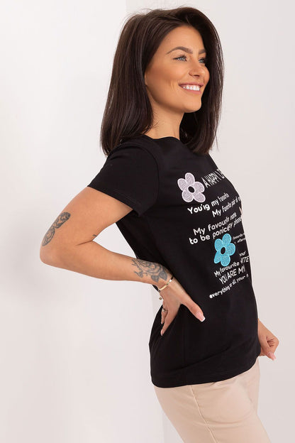 BFG Elegant Casual Summer Blouse with decorative lettering and embroidered flowers, showcasing a luxurious design perfect for summer outings.