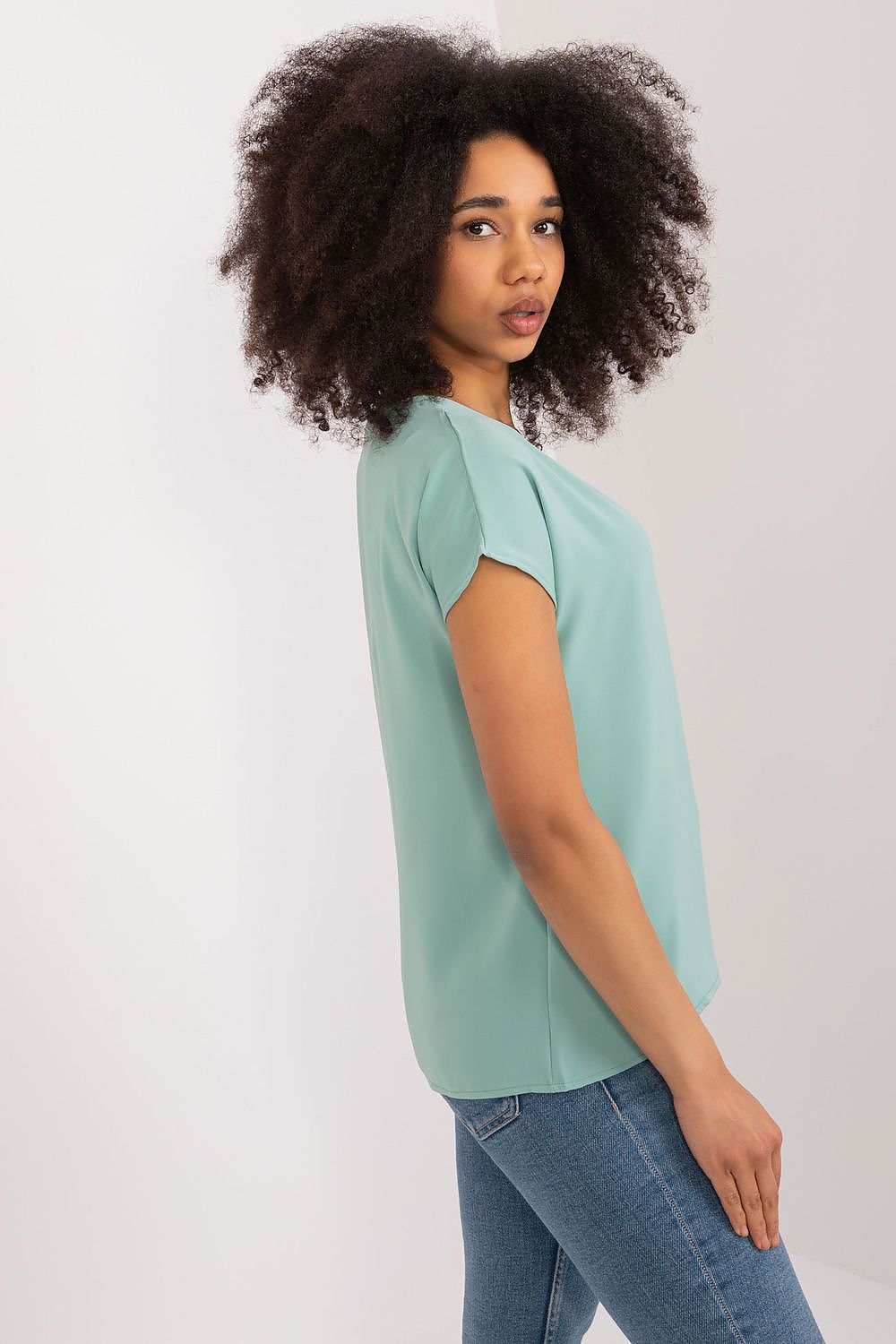 Luxury casual heart neckline blouse by BFG, showcasing elegant polyester fabric and short sleeves perfect for warm days.