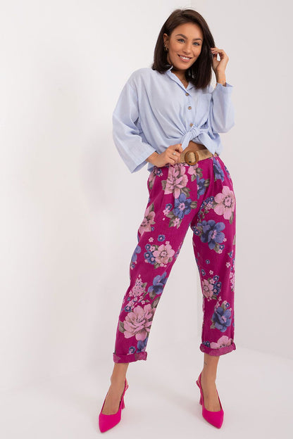 Elegant Floral Pattern Women’s High-Waisted Trousers by Italy Moda, showcasing a luxurious cotton-linen blend for exceptional comfort and style, perfect for sophisticated summer looks.