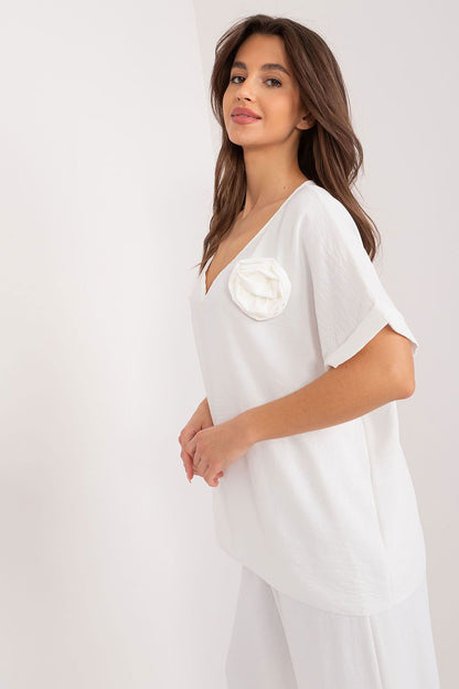 Oversized V-Neck Blouse by Italy Moda, showcasing comfortable polyester blend fabric for effortless elegance.
