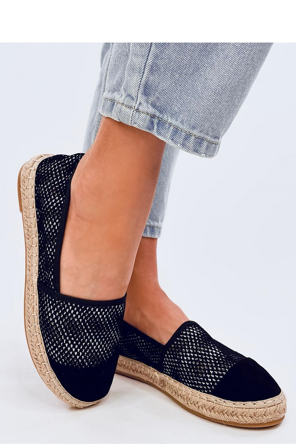 Close-up view of Inello Women's Suede & Mesh Espadrilles, highlighting the luxurious eco-friendly materials and fine craftsmanship that define these chic summer shoes.